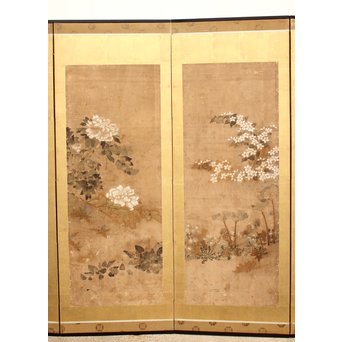 倣 俵屋宗達[伊年印] 草花図 時代屏風一双　Z010 