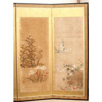 倣 俵屋宗達[伊年印] 草花図 時代屏風一双　Z010 