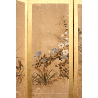 倣 俵屋宗達[伊年印] 草花図 時代屏風一双　Z010 