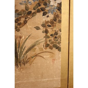 倣 俵屋宗達[伊年印] 草花図 時代屏風一双　Z010 