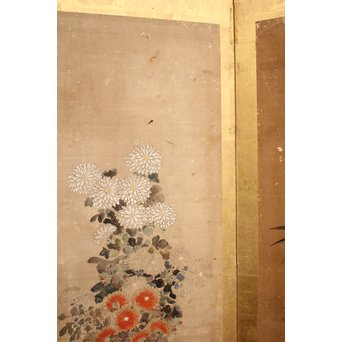 倣 俵屋宗達[伊年印] 草花図 時代屏風一双　Z010 