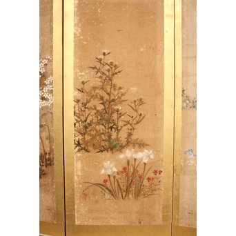 倣 俵屋宗達[伊年印] 草花図 時代屏風一双　Z010 