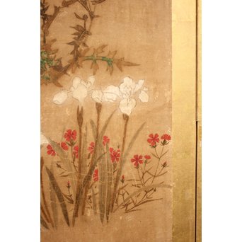 倣 俵屋宗達[伊年印] 草花図 時代屏風一双　Z010 