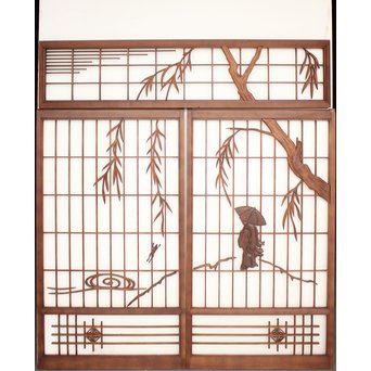 小野道風と柳と蛙　3枚1組書院欄間　R2252