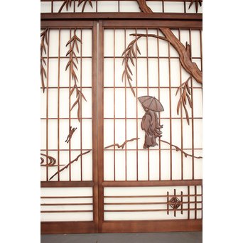 小野道風と柳と蛙　3枚1組書院欄間　R2252 