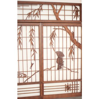 小野道風と柳と蛙　3枚1組書院欄間　R2252 