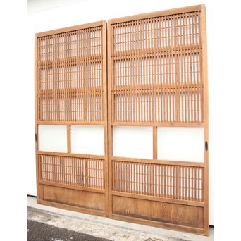 障子枠付 白木絵ガラス格子戸 2枚1組　L913 