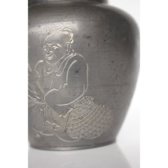 市川銕琅/鉄琅 漢詩彫錫茶入/茶壺　M022 