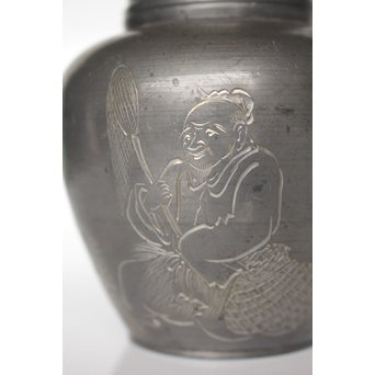 市川銕琅/鉄琅 漢詩彫錫茶入/茶壺　M022 