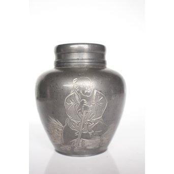 市川銕琅/鉄琅 漢詩彫錫茶入/茶壺　M022 