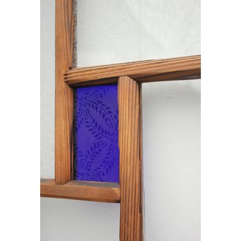 ブラスト細工模様青色ガラス窓　D173 