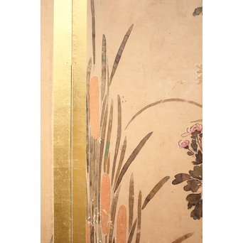 倣 俵屋宗達[伊年印] 草花図 時代屏風一双　Z040 