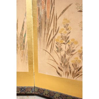 倣 俵屋宗達[伊年印] 草花図 時代屏風一双　Z040 