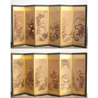 倣 俵屋宗達[伊年印] 草花図 時代屏風一双　Z040