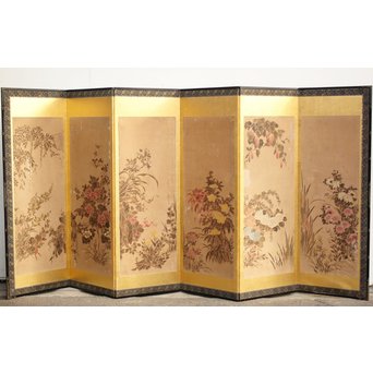 倣 俵屋宗達[伊年印] 草花図 時代屏風一双　Z040 