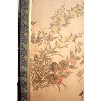 倣 俵屋宗達[伊年印] 草花図 時代屏風一双　Z040 