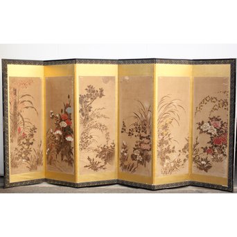 倣 俵屋宗達[伊年印] 草花図 時代屏風一双　Z040 