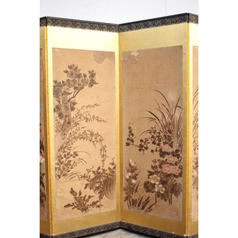 倣 俵屋宗達[伊年印] 草花図 時代屏風一双　Z040 