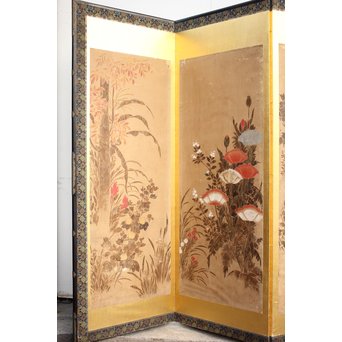 倣 俵屋宗達[伊年印] 草花図 時代屏風一双　Z040 