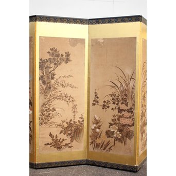 倣 俵屋宗達[伊年印] 草花図 時代屏風一双　Z040 