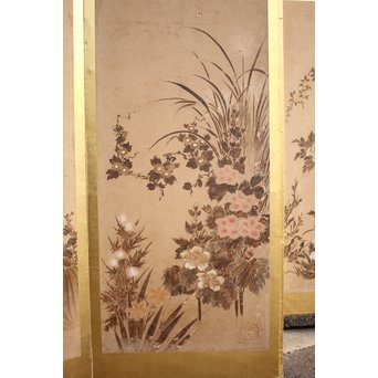 倣 俵屋宗達[伊年印] 草花図 時代屏風一双　Z040 