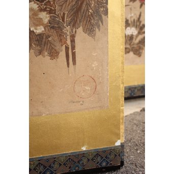 倣 俵屋宗達[伊年印] 草花図 時代屏風一双　Z040 