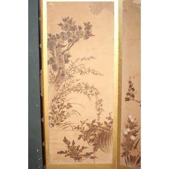 倣 俵屋宗達[伊年印] 草花図 時代屏風一双　Z040 