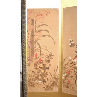 倣 俵屋宗達[伊年印] 草花図 時代屏風一双　Z040 