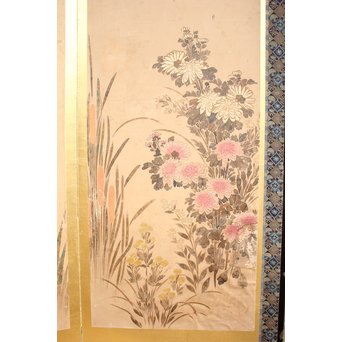 倣 俵屋宗達[伊年印] 草花図 時代屏風一双　Z040 