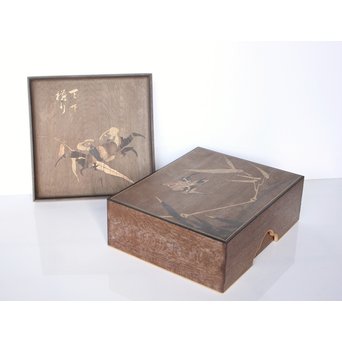 箱根細工創始者 白川洗石/鶴之助 木象嵌文箱/盆　X058 