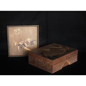 箱根細工創始者 白川洗石/鶴之助 木象嵌文箱/盆　X058