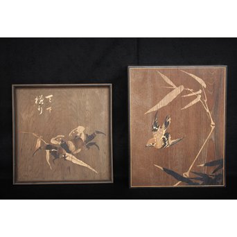 箱根細工創始者 白川洗石/鶴之助 木象嵌文箱/盆　X058 