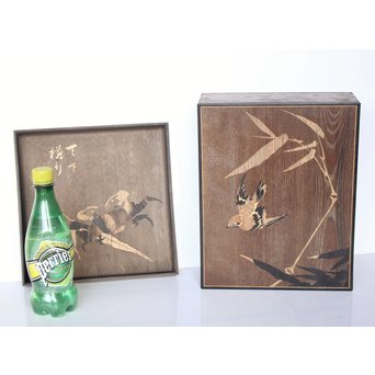 箱根細工創始者 白川洗石/鶴之助 木象嵌文箱/盆　X058 