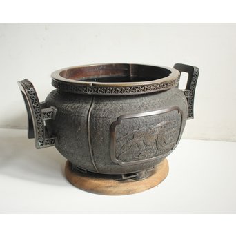 村田整珉造  宣徳高彫五爪龍双耳 唐銅瓶掛　M064 