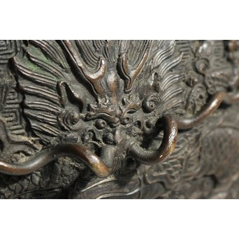 村田整珉造  宣徳高彫五爪龍双耳 唐銅瓶掛　M064 