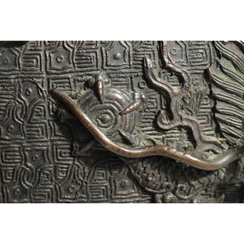 村田整珉造  宣徳高彫五爪龍双耳 唐銅瓶掛　M064 