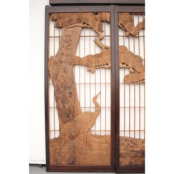 縞黒檀と黒柿の欄間 鶴松富士 5枚1組　R2336Y 