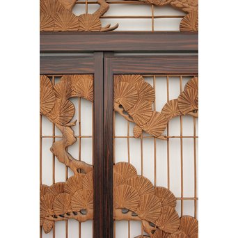 縞黒檀と黒柿の欄間 鶴松富士 5枚1組　R2336Y 