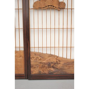 縞黒檀と黒柿の欄間 鶴松富士 5枚1組　R2336Y 