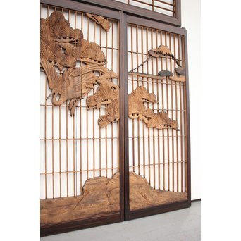 縞黒檀と黒柿の欄間 鶴松富士 5枚1組　R2336Y 