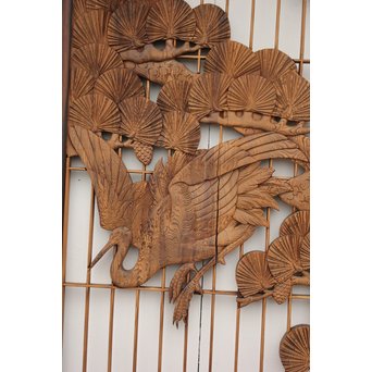 縞黒檀と黒柿の欄間 鶴松富士 5枚1組　R2336Y 