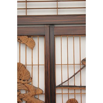 縞黒檀と黒柿の欄間 鶴松富士 5枚1組　R2336Y 