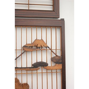 縞黒檀と黒柿の欄間 鶴松富士 5枚1組　R2336Y 