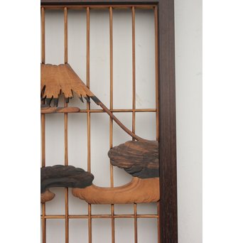 縞黒檀と黒柿の欄間 鶴松富士 5枚1組　R2336Y 