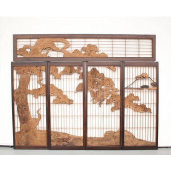 縞黒檀と黒柿の欄間 鶴松富士 5枚1組　R2336Y