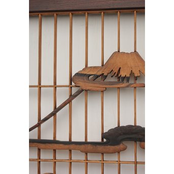 縞黒檀と黒柿の欄間 鶴松富士 5枚1組　R2336Y 