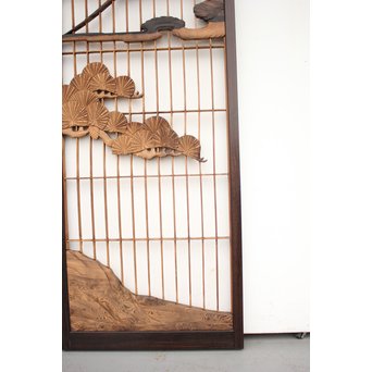 縞黒檀と黒柿の欄間 鶴松富士 5枚1組　R2336Y 