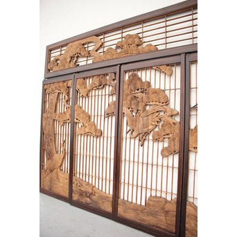 縞黒檀と黒柿の欄間 鶴松富士 5枚1組　R2336Y 