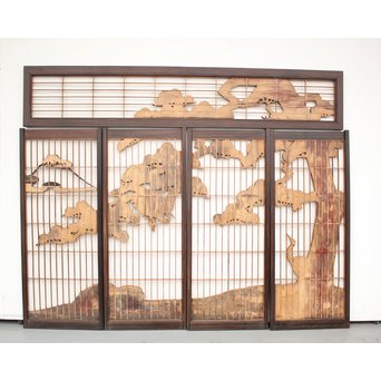 縞黒檀と黒柿の欄間 鶴松富士 5枚1組　R2336Y 