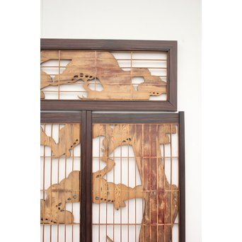 縞黒檀と黒柿の欄間 鶴松富士 5枚1組　R2336Y 